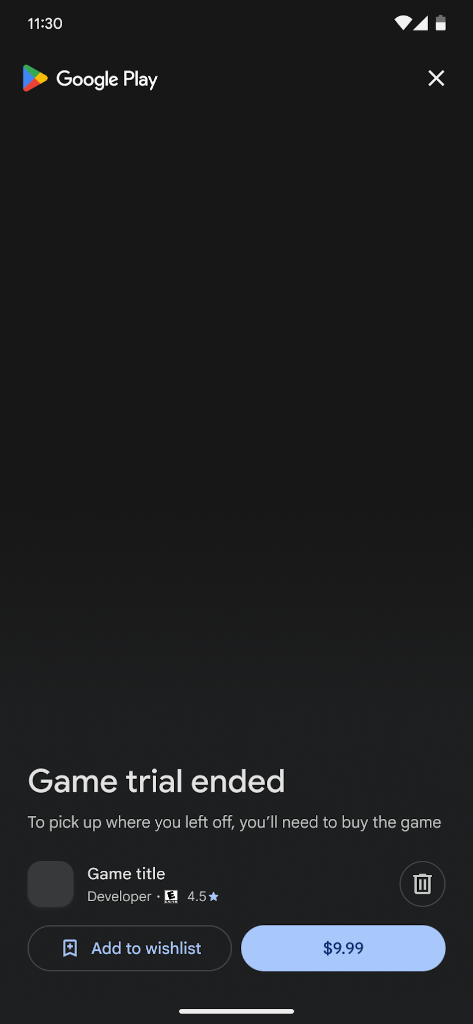 Paywall pós-teste bloqueando o jogo e oferecendo uma call-to-action de compra