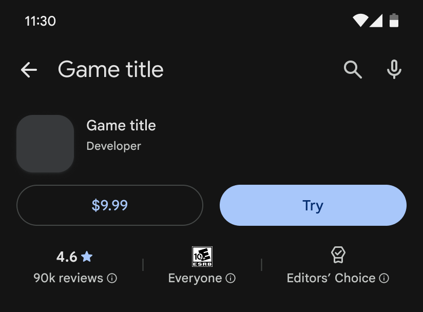 Game details page with Try button and purchase price button
