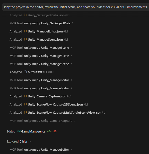 نافذة Antigravity IDE Agent تعرض طلبًا بإجراء تدقيق مرئي لمشهد Unity النشط.