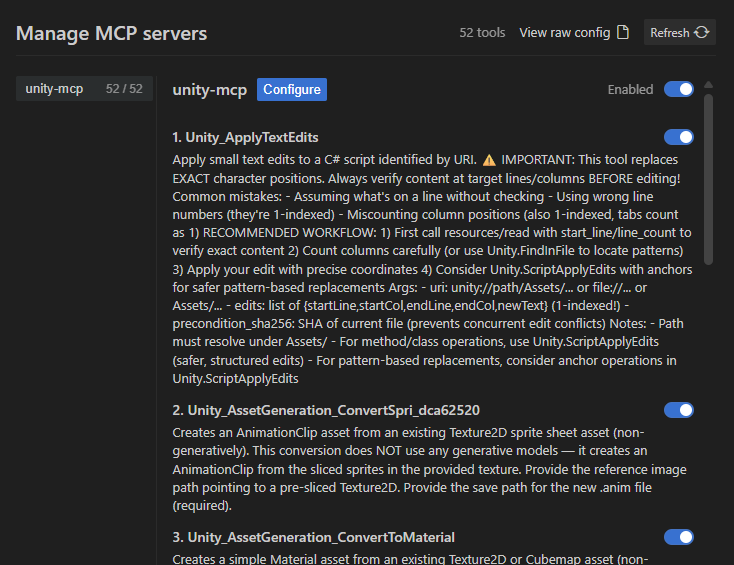 Finestra Manage MCPs (Gestisci MCP) dell'IDE Antigravity che mostra unity-mcp come configurato.
