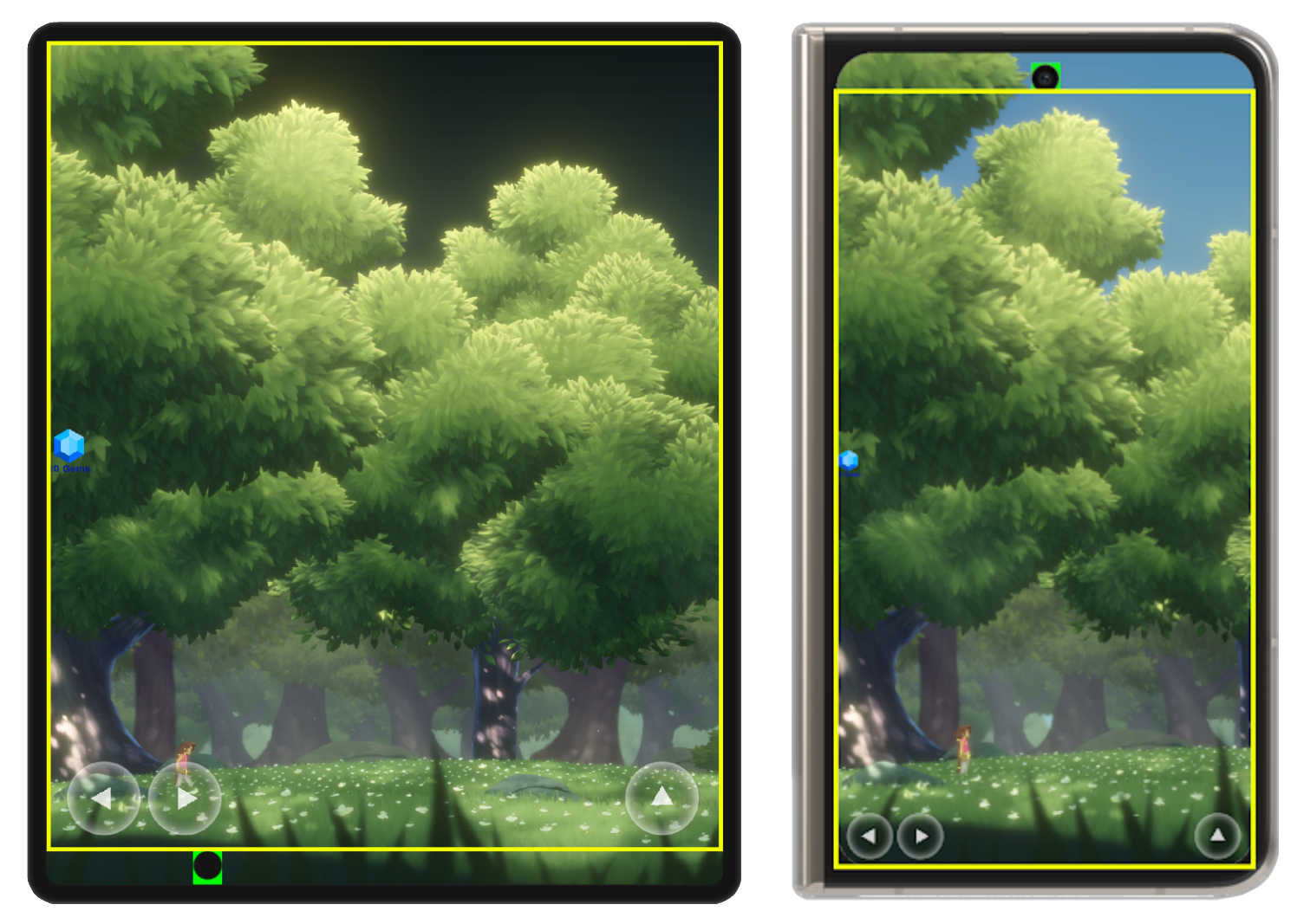 Adegan game layar penuh di layar dalam dan luar perangkat foldable.