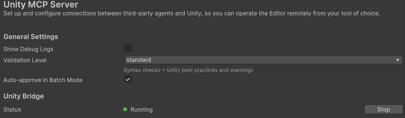 Configurações do MCP do Unity mostrando o status da Unity Bridge como "Em execução".