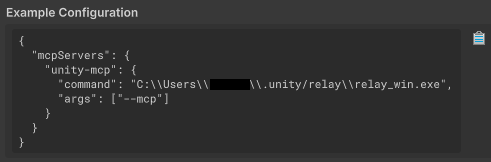 Paramètres MCP Unity affichant le champ de texte "Example Configuration" (Exemple de configuration) et un bouton de copie.