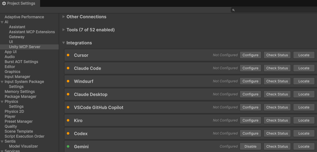 Unity-MCP-Einstellungen mit der Gemini-Integration als „Konfiguriert“ mit einer grünen Statusanzeige.