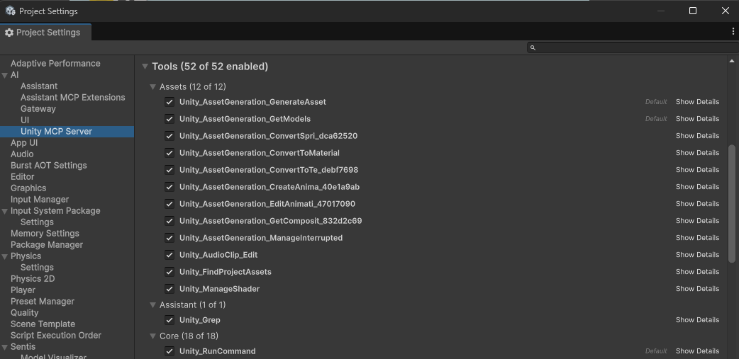 Unity-MCP-Einstellungen mit verschiedenen Tools, die im Bereich „Tools“ ausgewählt sind.