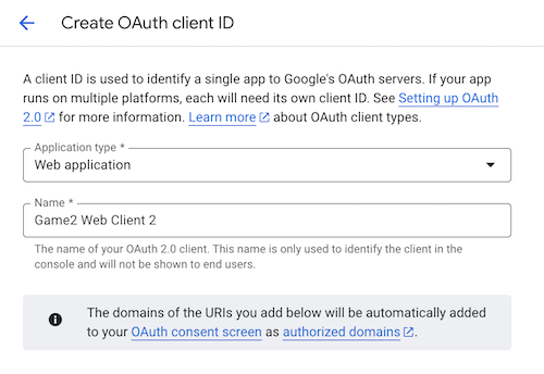 UI ของ Google Cloud สำหรับสร้างรหัสไคลเอ็นต์ OAuth ใหม่สำหรับเว็บ