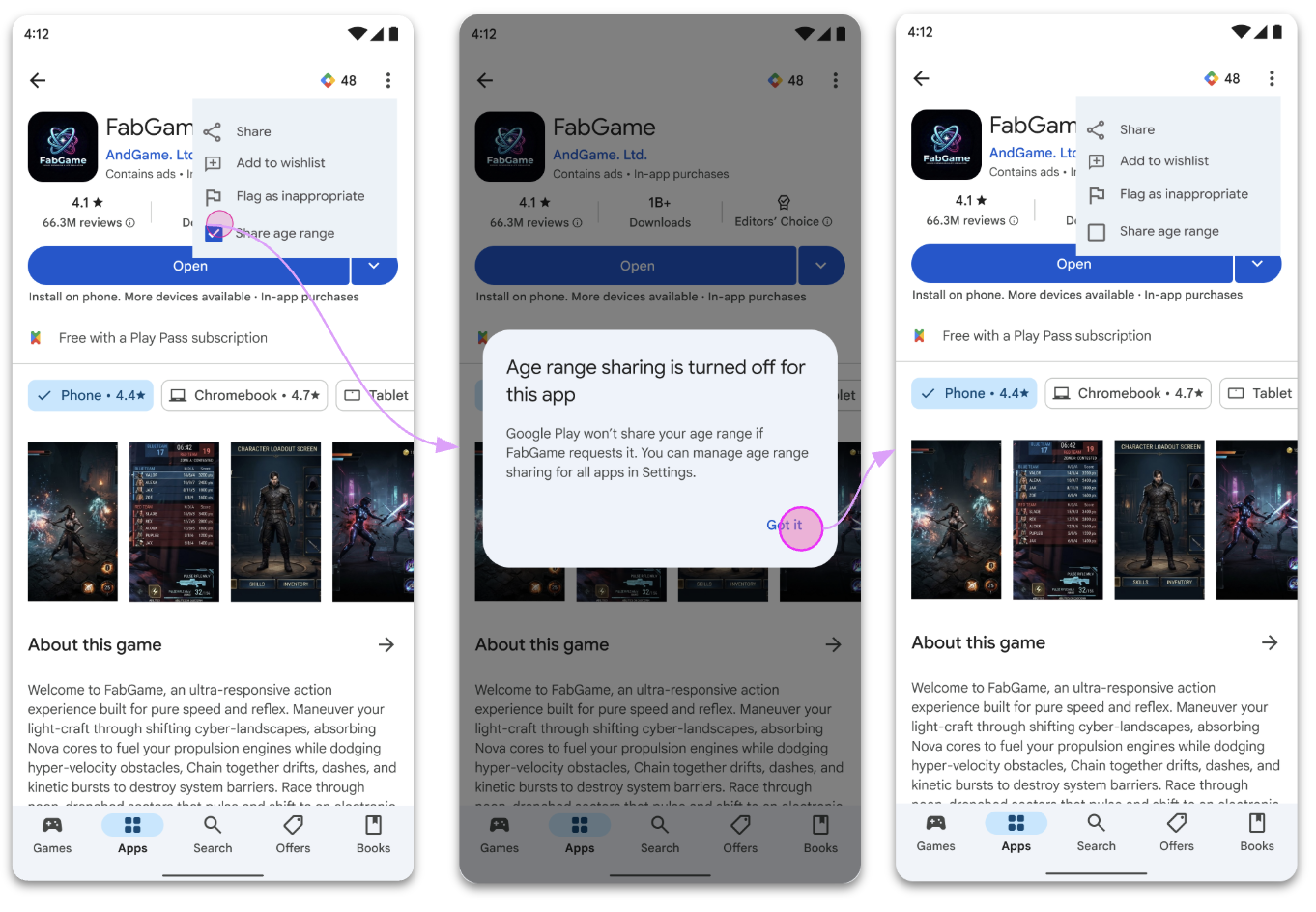Einstellungsdialogfeld für eine bestimmte App mit einem Schalter zum Aktivieren oder Deaktivieren der Altersgruppenfreigabe