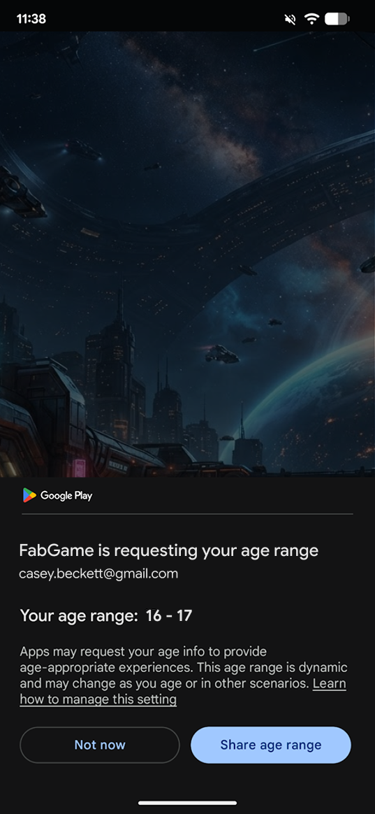 In-app consent dialog prompting the user to share their age range with the app.
