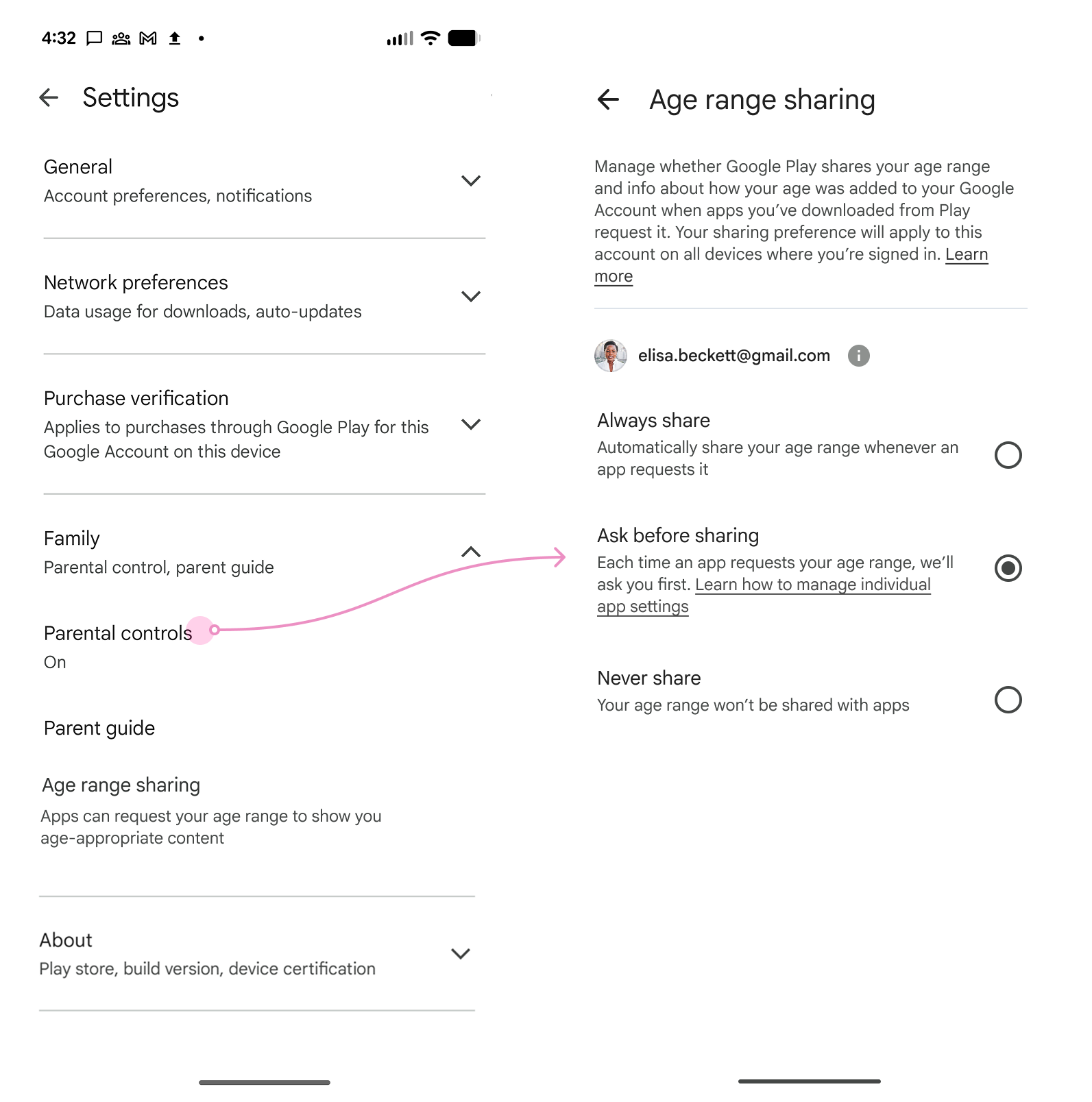 Das Google Play-Einstellungsmenü mit Optionen für die Weitergabe des Alters: „Vor dem Weitergeben fragen“, „Immer weitergeben“ und „Nie weitergeben“