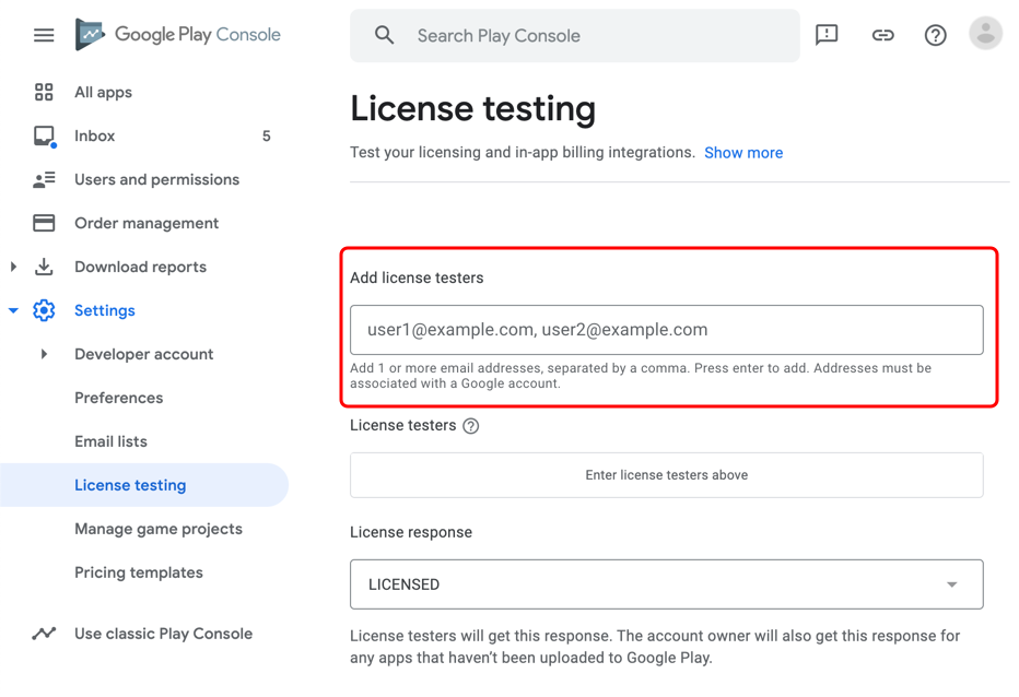 Add a license tester via the Google Play Console.
