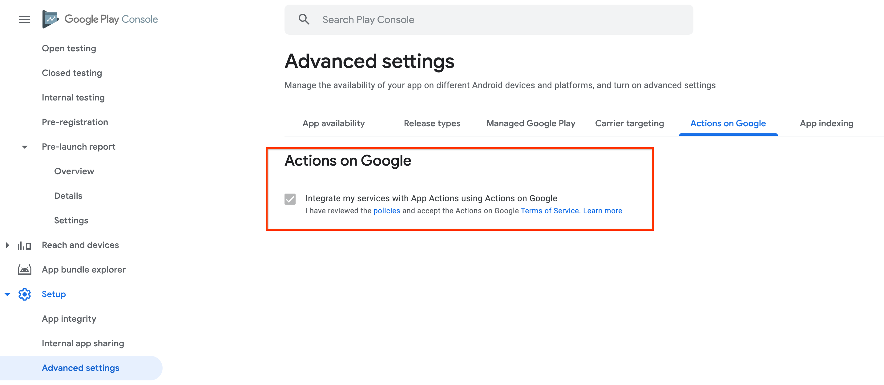 Actions on Google Terms of Service in the Google Play console.