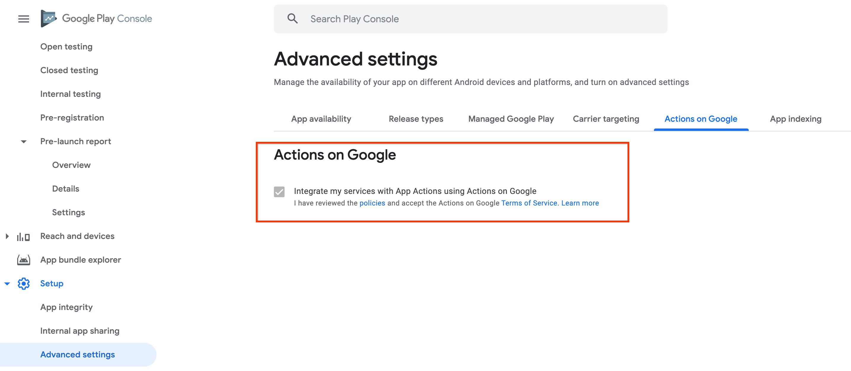 Condiciones del Servicio de Acciones en apps en Google Play Console.