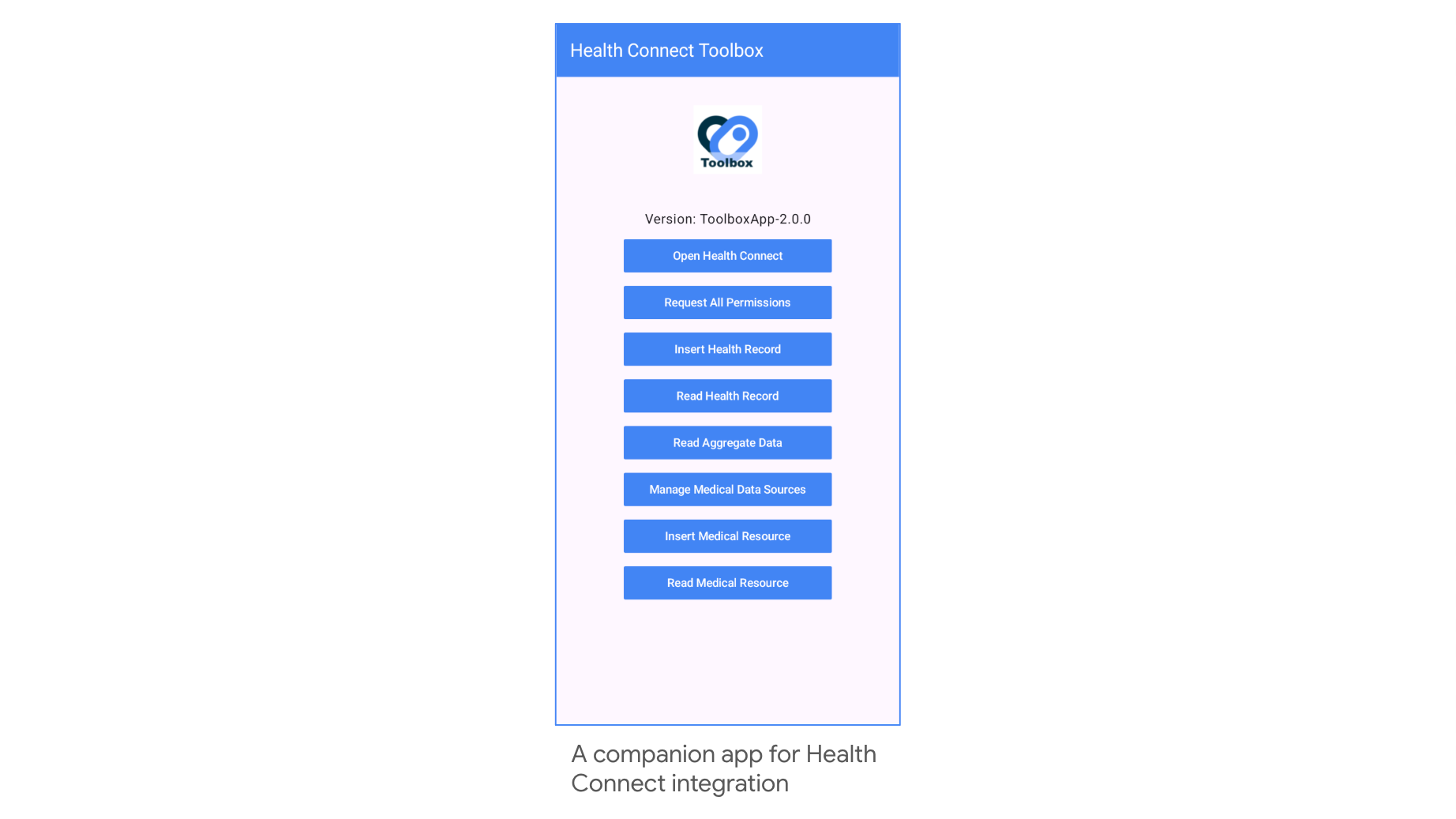 Приложение Health Connect Toolbox отображается как полноценный пользовательский интерфейс.