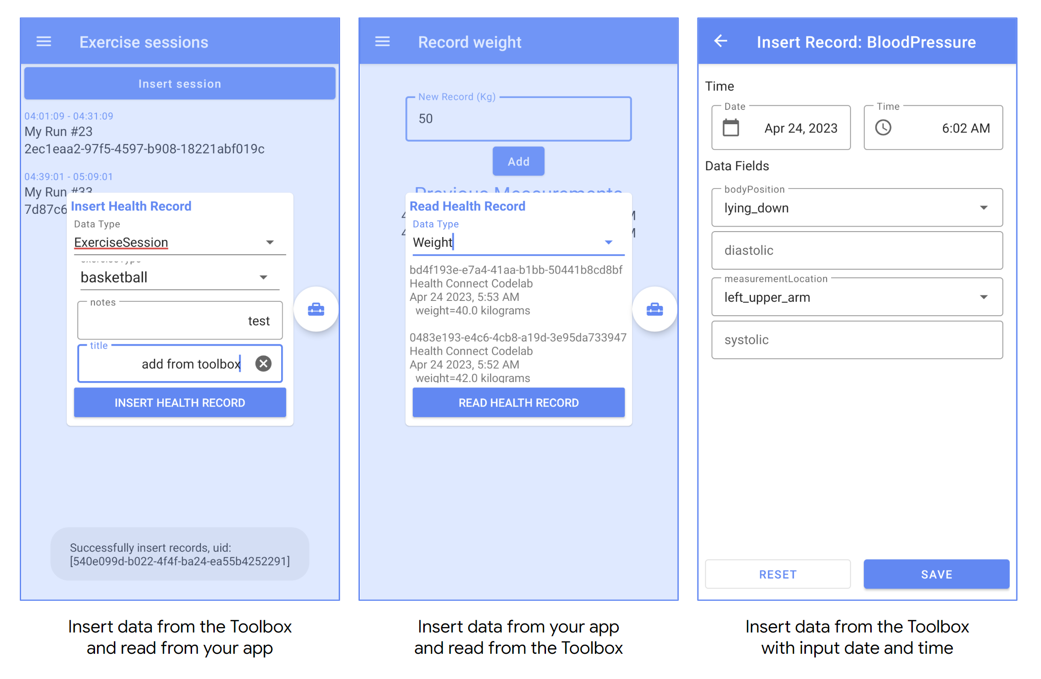 Une capture d&#39;écran illustre l&#39;insertion des données à partir de la boîte à outils et la lecture des données de l&#39;application. Une autre capture d&#39;écran montre l&#39;inverse. Une troisième capture d&#39;écran illustre l&#39;insertion des données avec l&#39;heure sélectionnée.