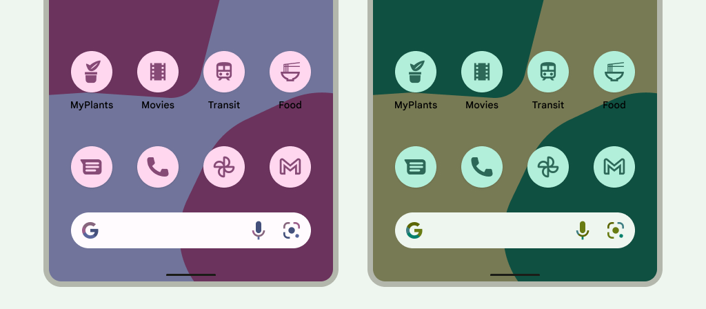 Una imagen que muestra ejemplos de tres dispositivos Android, cada uno con un tema de usuario distinto con tonos distintos: en el primero, se muestra un fondo de pantalla con tonos oscuros; en el segundo, un fondo de pantalla dorado; y el tercero, un fondo de pantalla de color gris claro con tonos azulados. En cada ejemplo, los íconos heredaron el tono del fondo de pantalla y se integran a la perfección.