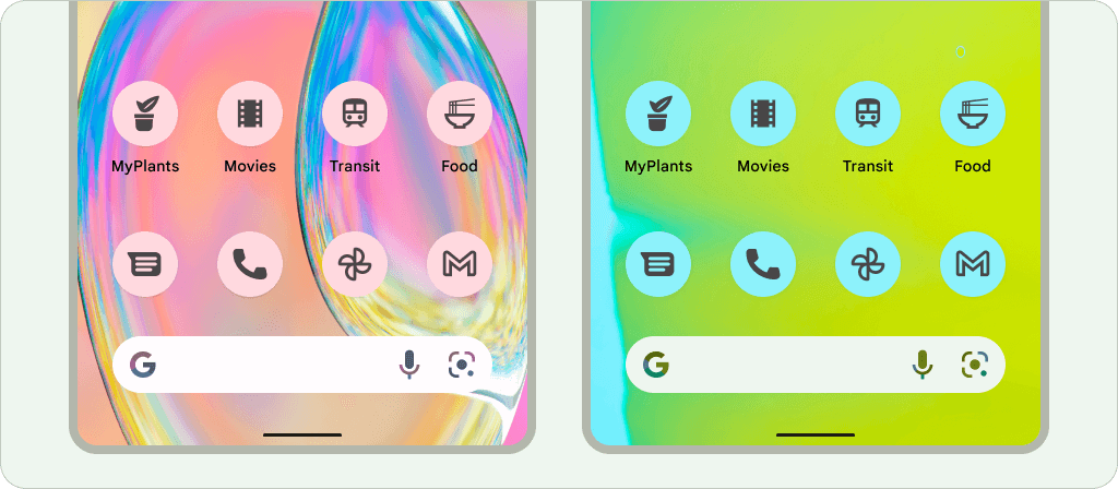 Examples of three Android devices, each one showing a different user theme with different tints: the first shows a wallpaper with dark tinting; the second shows a golden-tinted wallpaper; the third shows a wallpaper with light grey with bluish tints wallpaper. In each example, the icons have inherited the tinting of the wallpaper and blend in perfectly.
