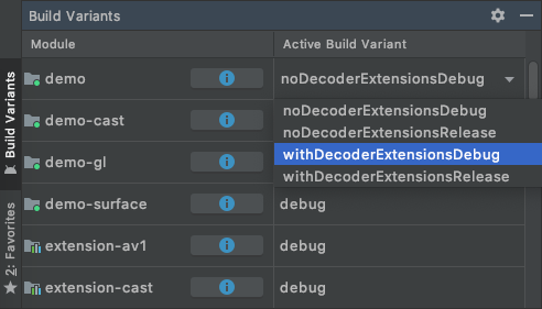 Memilih varian build `withDecoderExtensionsDebug` demo