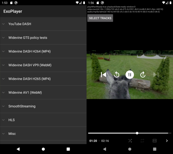 Примеры действий выбора (SampleChooserActivity) и действия игрока (PlayerActivity) в демонстрационном приложении ExoPlayer.