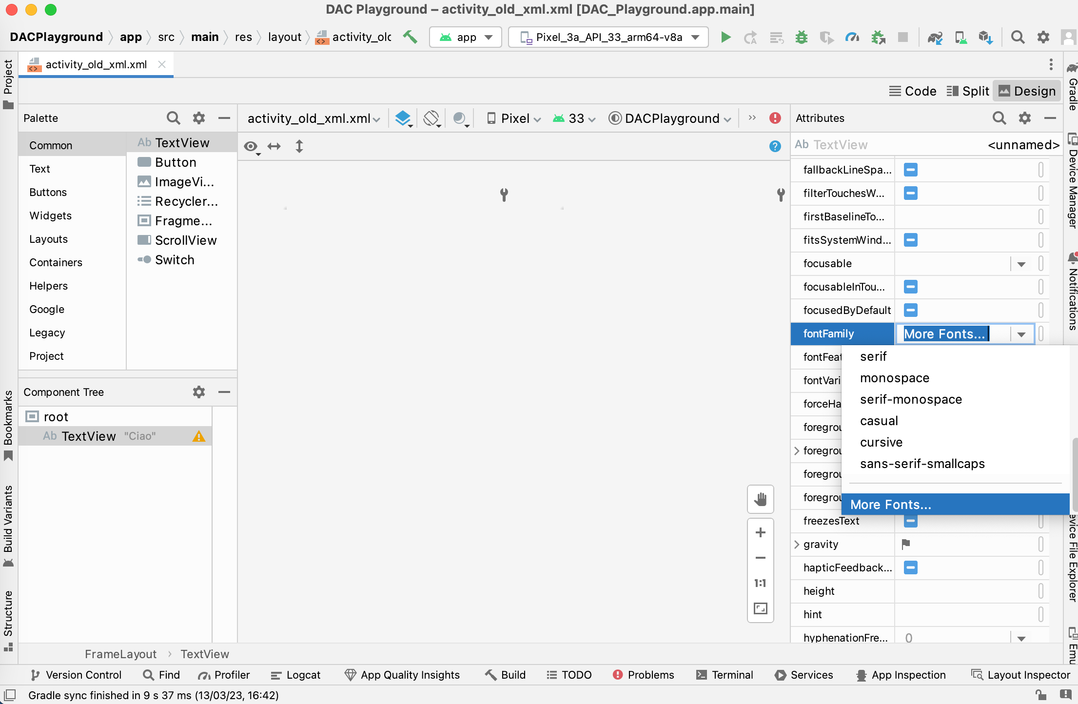 Una imagen que muestra el editor de diseño de Android Studio