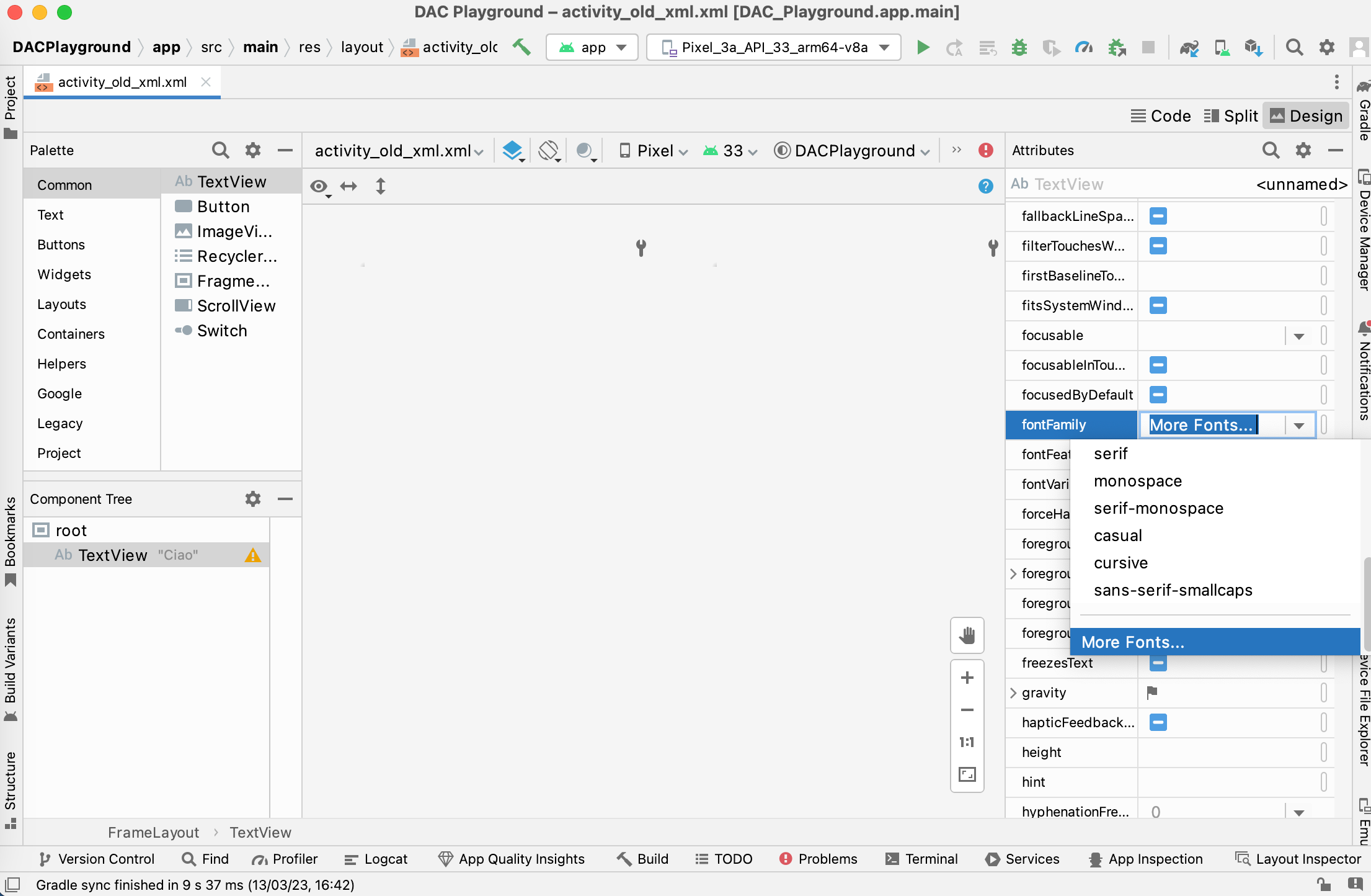 Image montrant l'éditeur de mise en page d'Android Studio