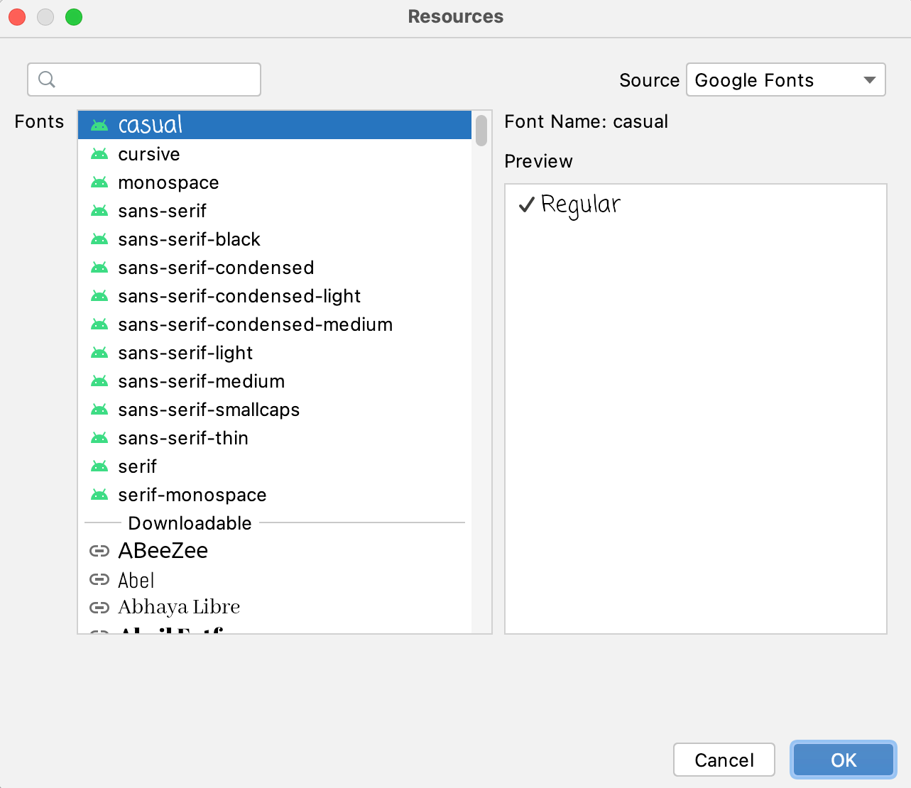 An image showing how to select fonts from the Resources window