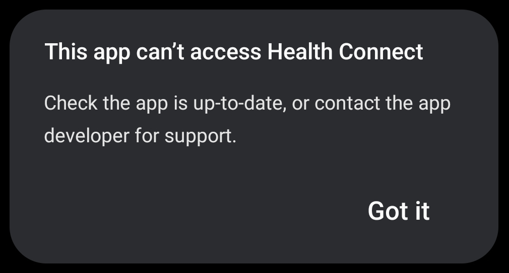 Un diálogo que muestra a los usuarios que la app no puede acceder a Health Connect.