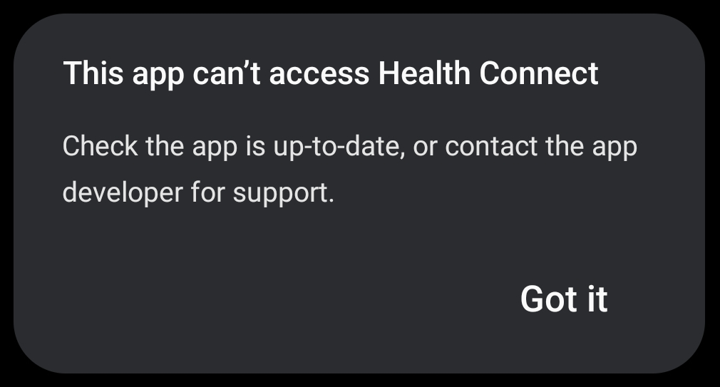 アプリがヘルスコネクトにアクセスできないことをユーザーに表示するダイアログ。