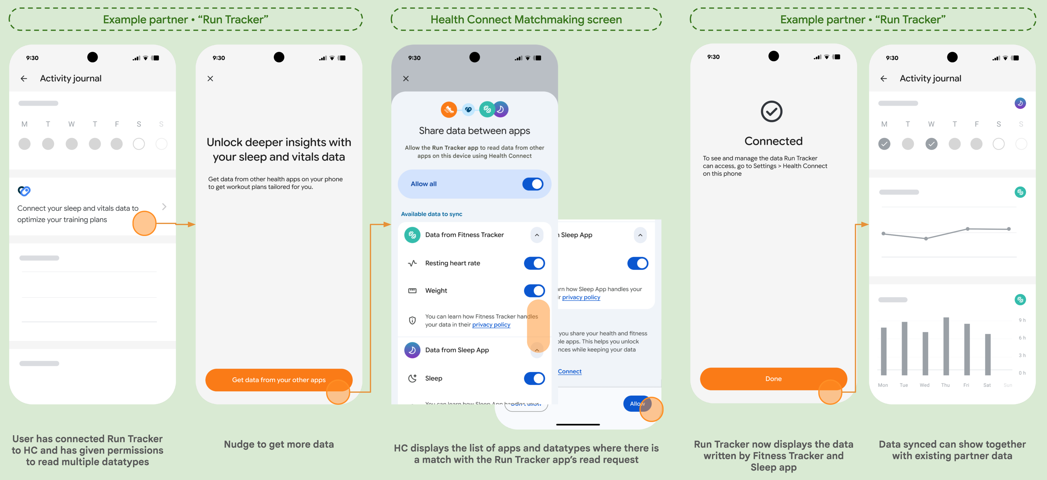 شاشة المطابقة التي تعرض قائمة بالتطبيقات التي يمكنها مشاركة البيانات مع Health Connect