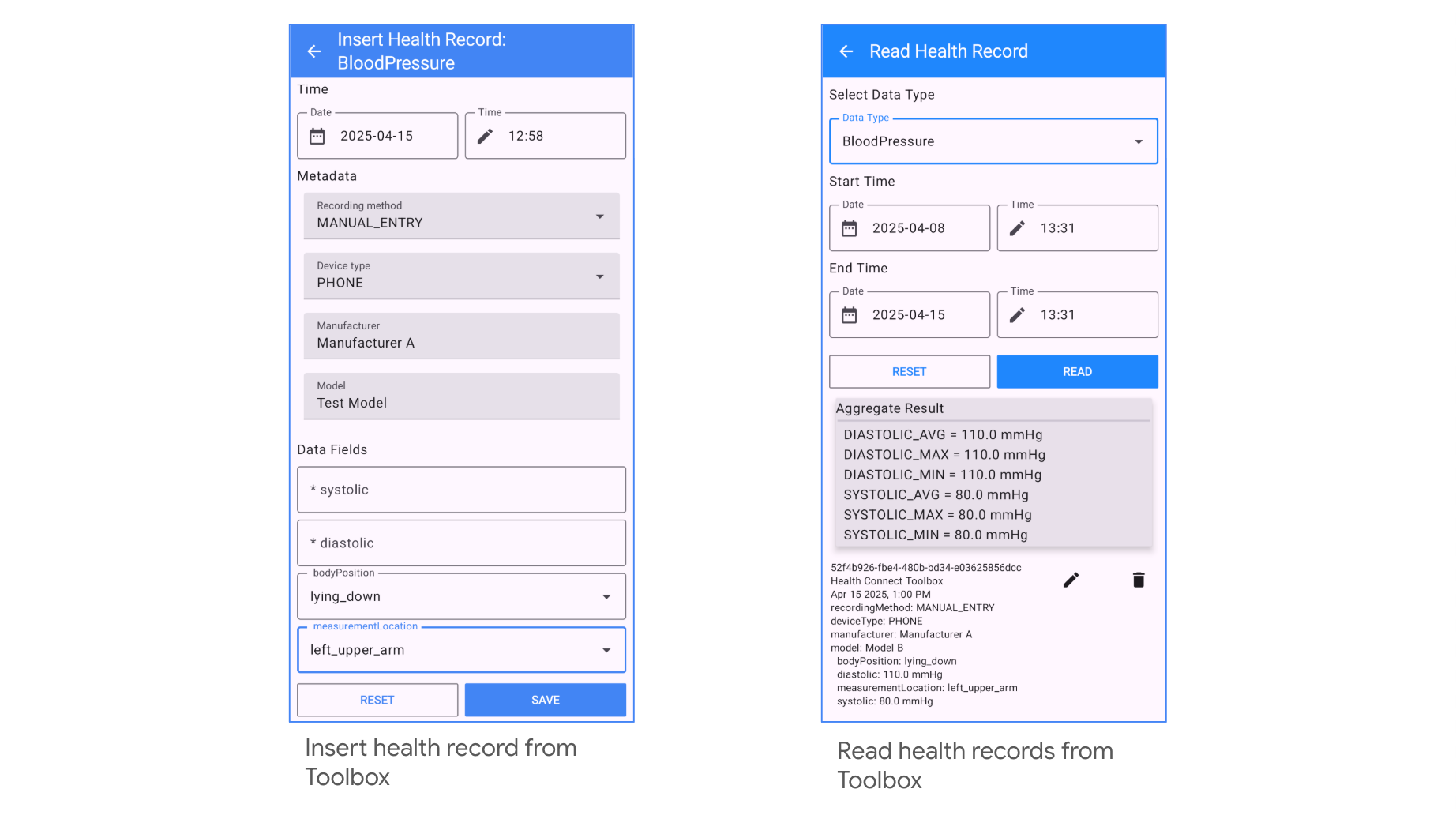 One screenshot showing inserting data from toolbox. Another screenshot showing reading data from toolbox.