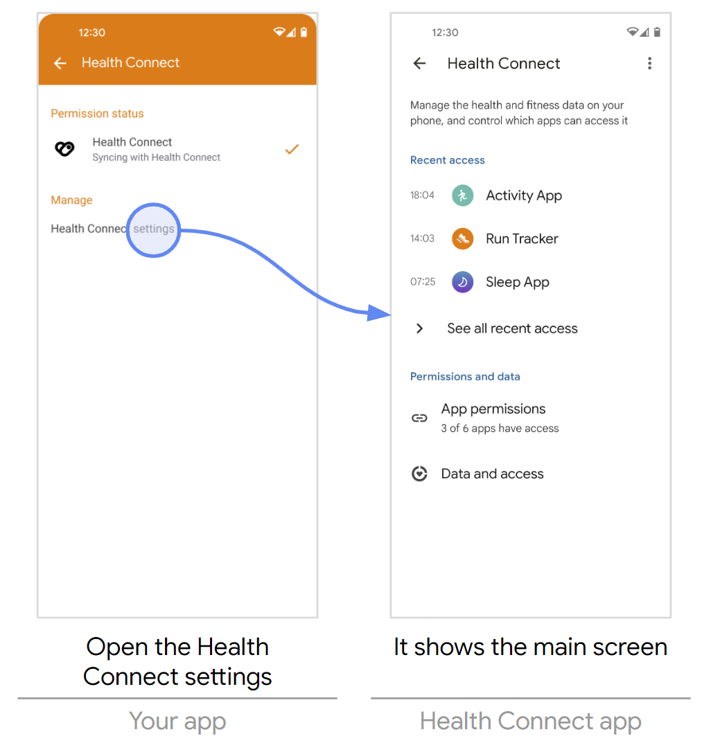 เข้าถึง Health Connect จากการตั้งค่าของแอป