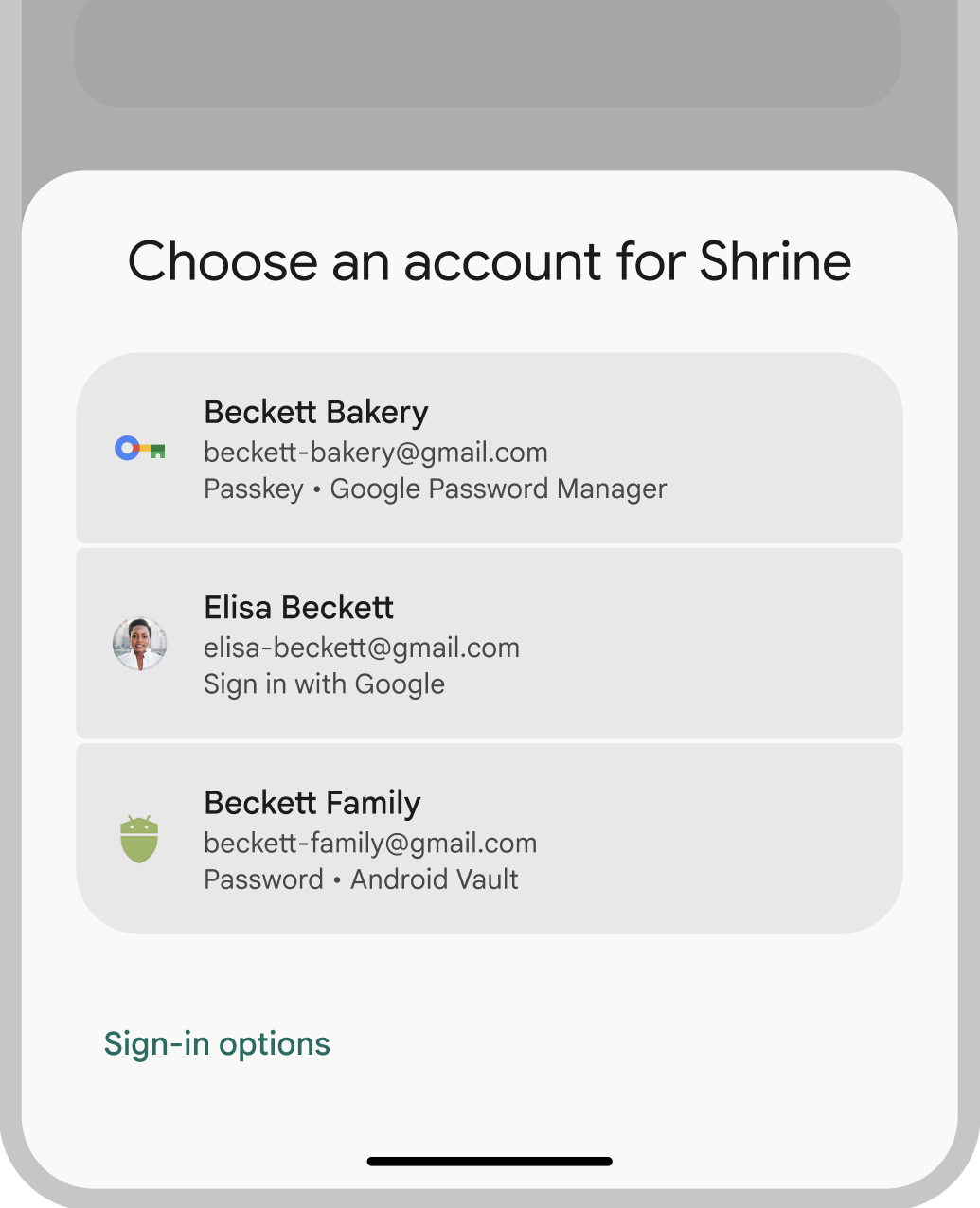อินเทอร์เฟซผู้ใช้ของ Credential Manager สำหรับพาสคีย์ รหัสผ่าน และการลงชื่อเข้าใช้แบบรวม