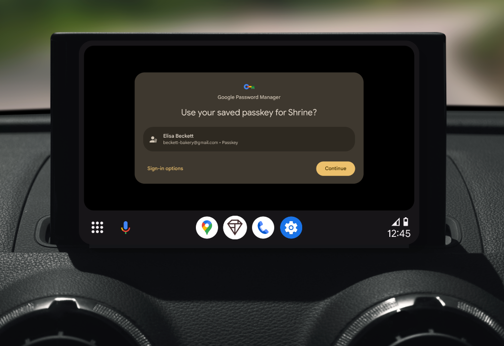 Android Automotive OS の車載画面に表示された認証情報マネージャーのパスキー プロンプト。