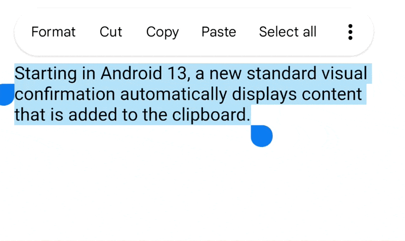 Animasi yang menampilkan notifikasi papan klip Android 13