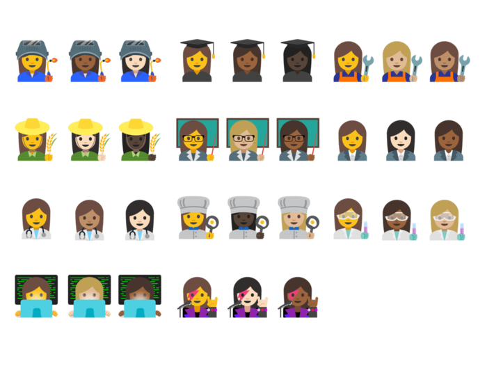Raccolta di nuove emoji femminili professionali in diverse tonalità di pelle