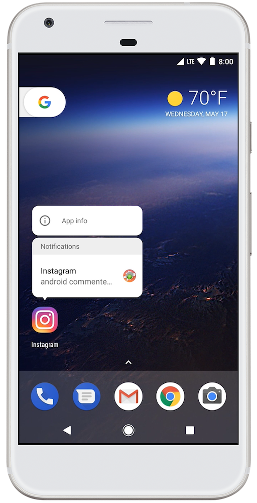 قائمة الضغط المطوّل للإشعارات في نظام Android 8.0 (المستوى 26 من واجهة برمجة التطبيقات)