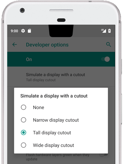 Developer options screen showing different cutout sizes