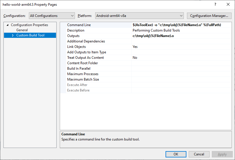 “Property Pages”中“Custom Build Tool”的屏幕截图。
