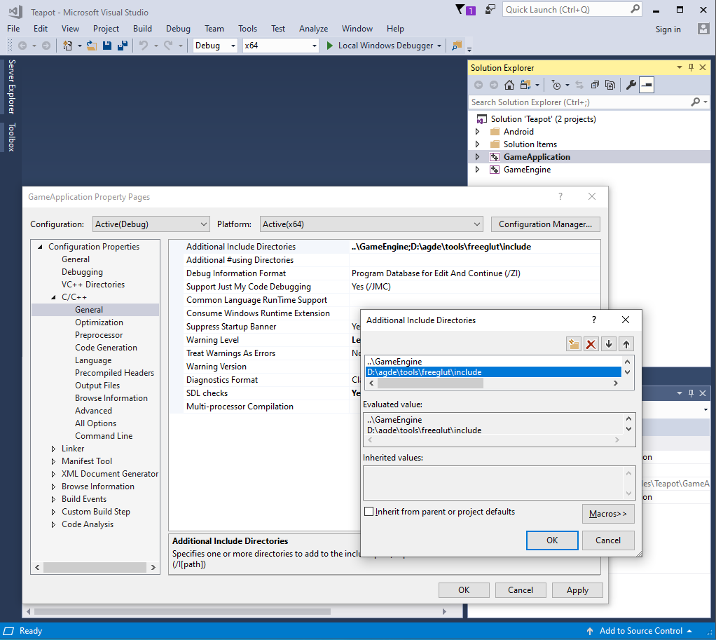 Captura de pantalla del cuadro de diálogo de Additional Include Directories.