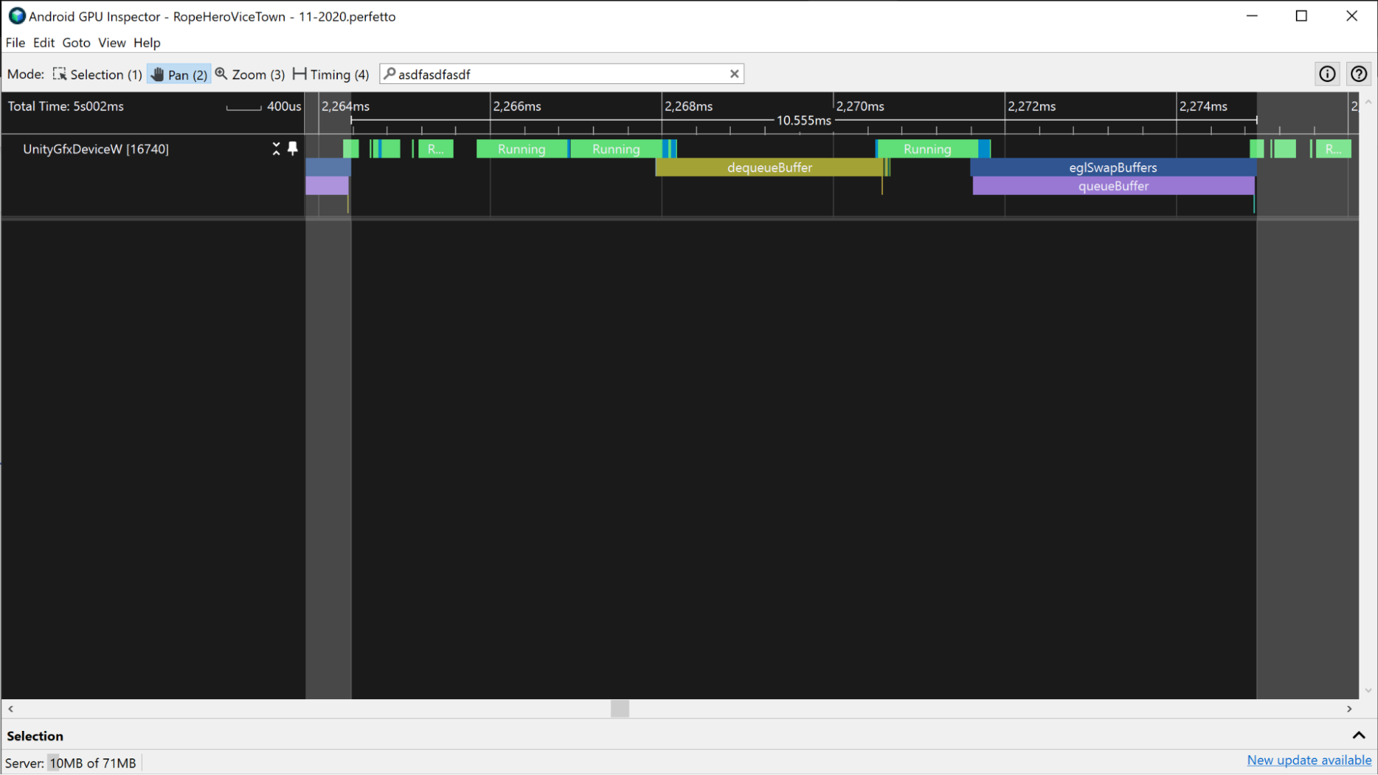 Uno screenshot che mostra un'ampia quantità di inattività durante gli eventi dequeueBuffer ed eglSwapBuffer.