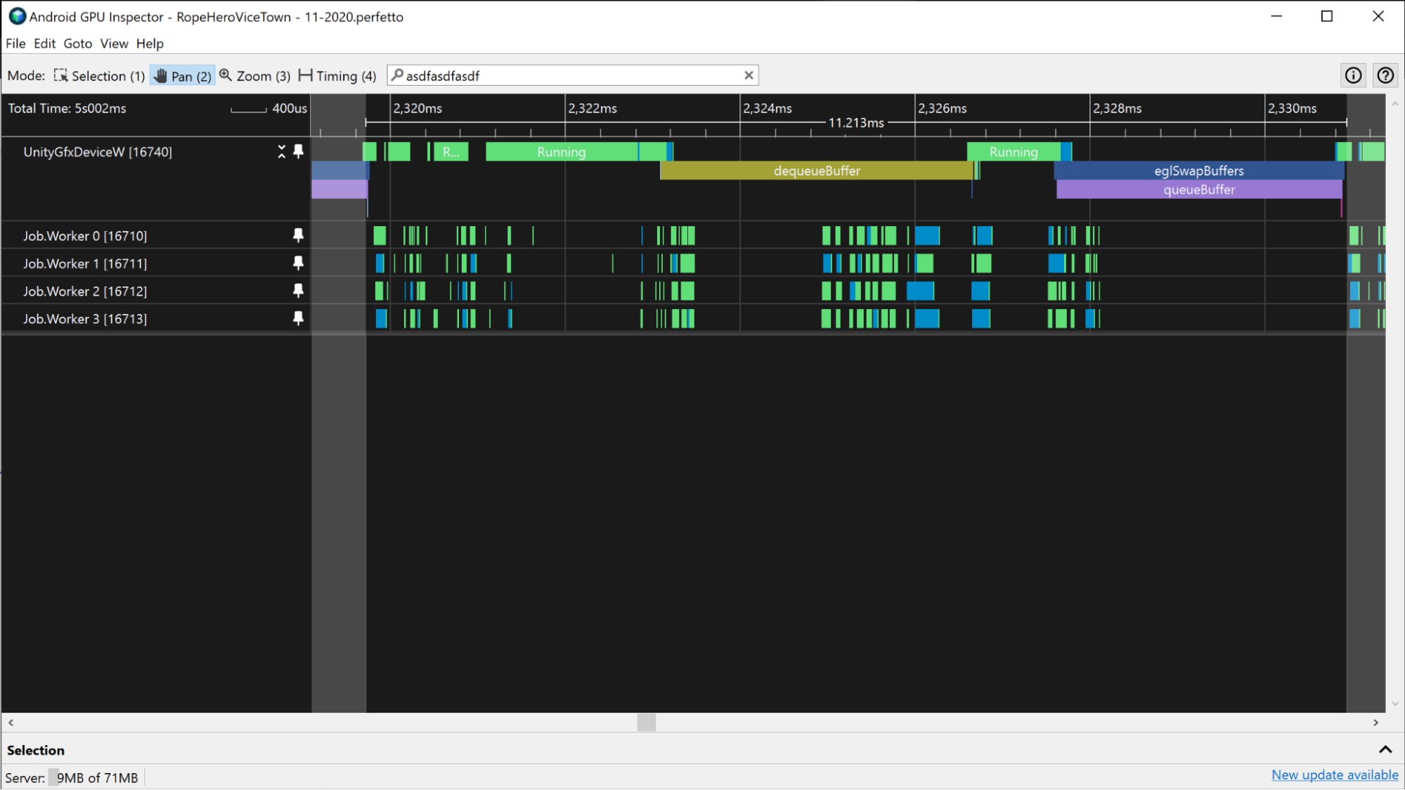 Captura de pantalla de una app con varios subprocesos que tiene otros subprocesos en funcionamiento mientras el subproceso principal está inactivo.