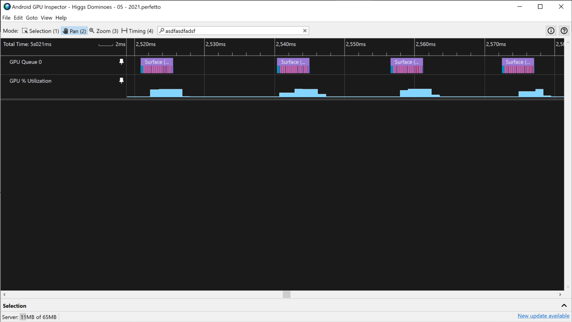 A screenshot of the GPU utilization percentage and GPU Queue tracks on an Adreno device.