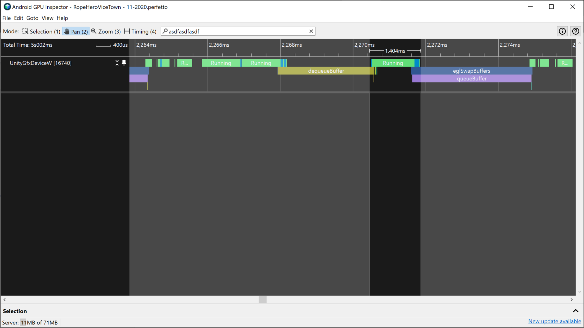 Seçili bir kare için Vulkan etkinlikleri içeren Vulkan tabanlı bir uygulamanın ekran görüntüsü