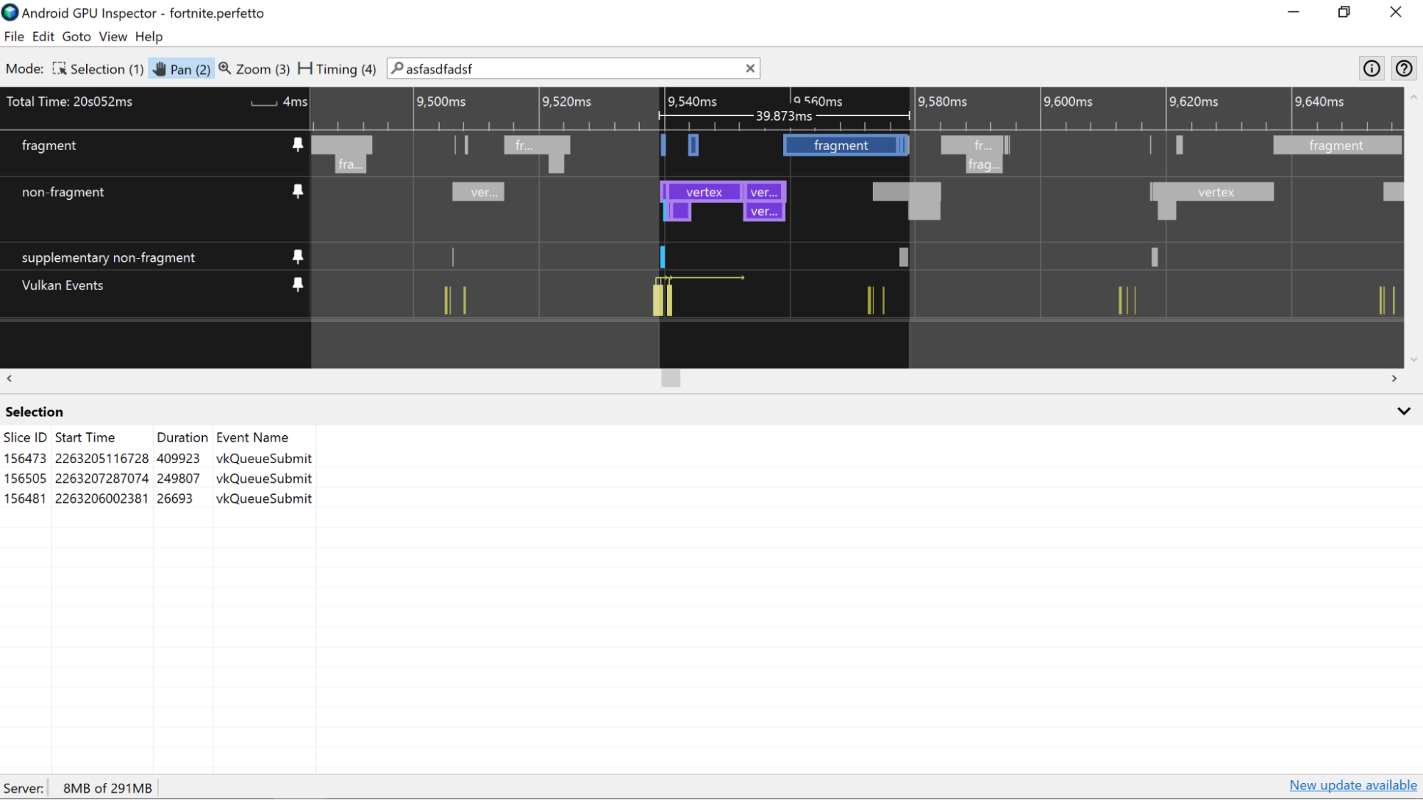螢幕截圖：選取影格的多個 Vulkan 事件。