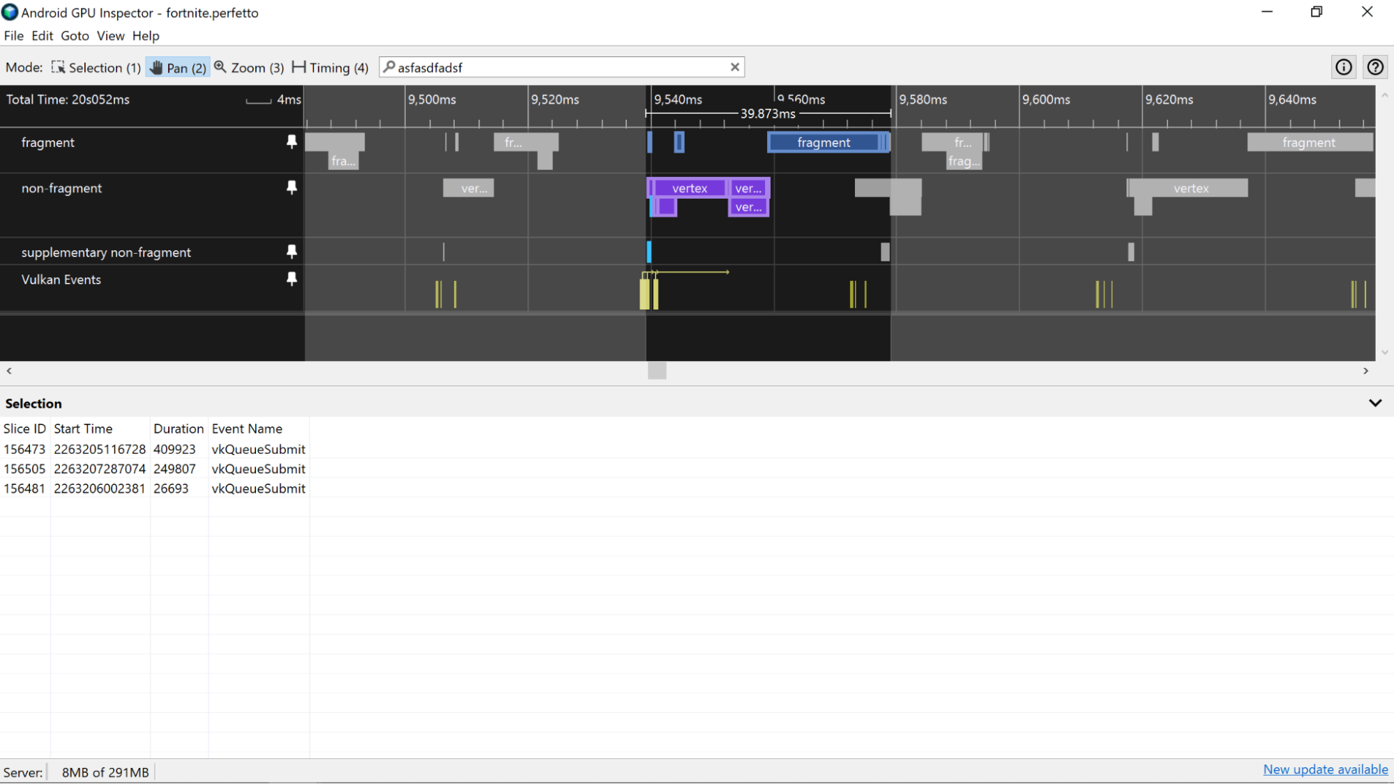 Screenshot aplikasi yang terikat dengan GPU dengan pola render pass yang membantu mengidentifikasi batas frame.