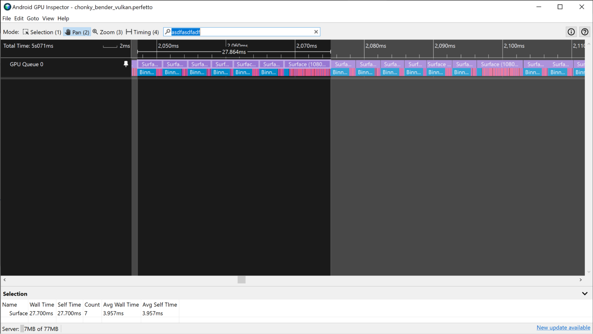 Captura de pantalla de una app muy vinculada a la GPU con un patrón de pase de renderización que ayuda a identificar los límites de fotogramas.