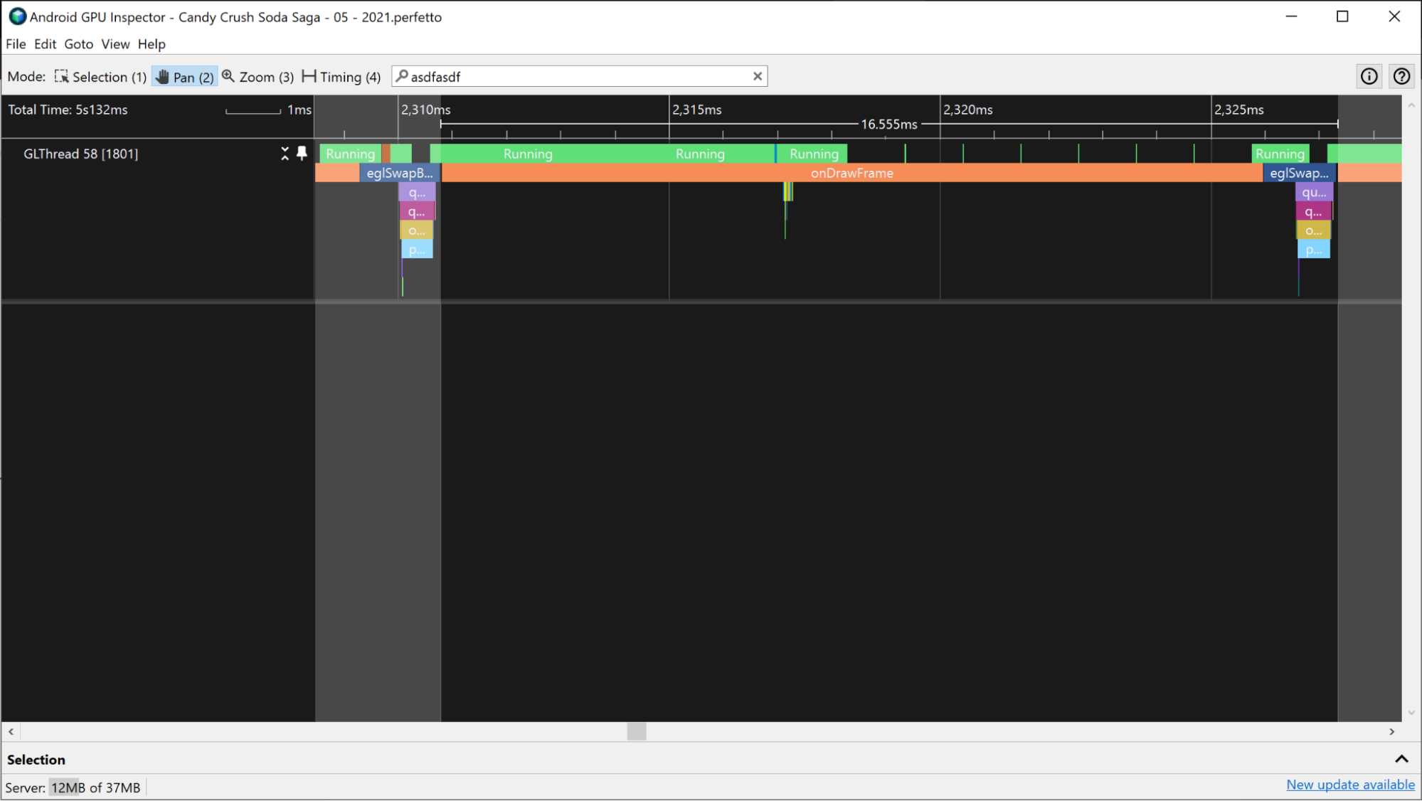 Uma captura de tela que mostra uma grande quantidade de inatividade durante eventos dequeueBuffer e eglSwapBuffer.