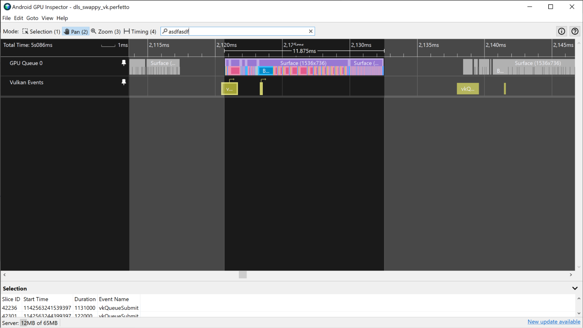 Ein Screenshot einer Vulkan-basierten App, in der Vulkan-Ereignisse des Frames ausgewählt sind.