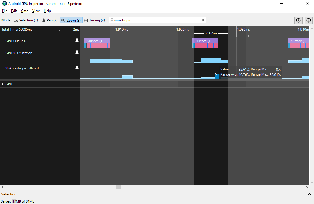 Pourcentage de filtrage anisotrope pour une seule frame, avec une valeur moyenne de 10,8 %
