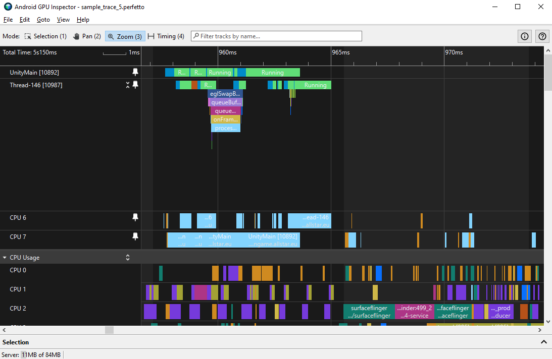 Game with main and render thread primarily running on the large cores (CPU 6-7), shown in light blue