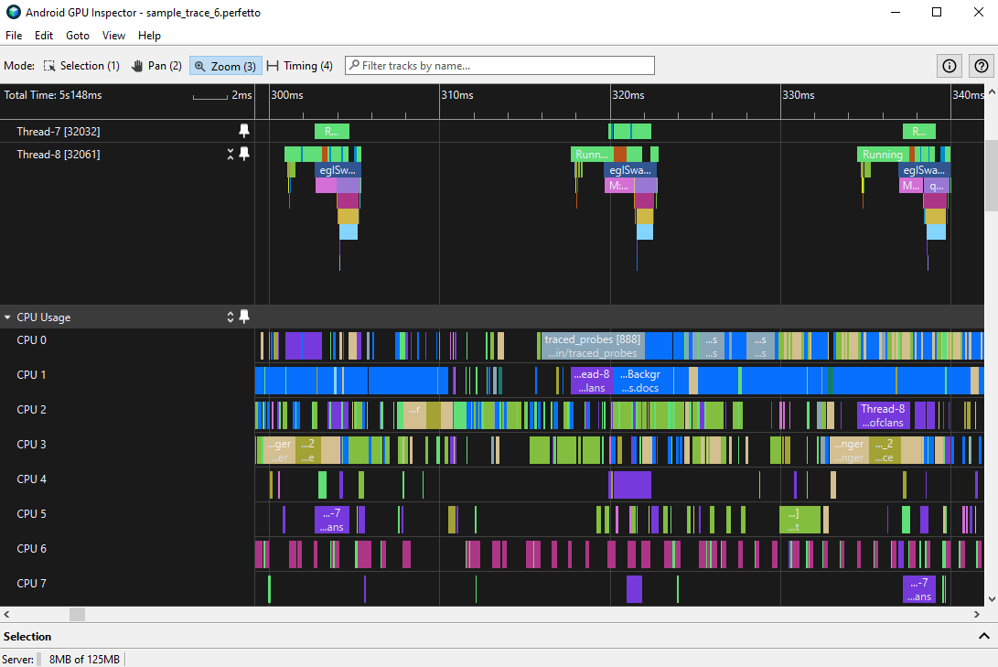 Gioco con il thread principale (Thread-7) e di rendering (Thread-8) che passa da un core all&#39;altro, mostrato in viola